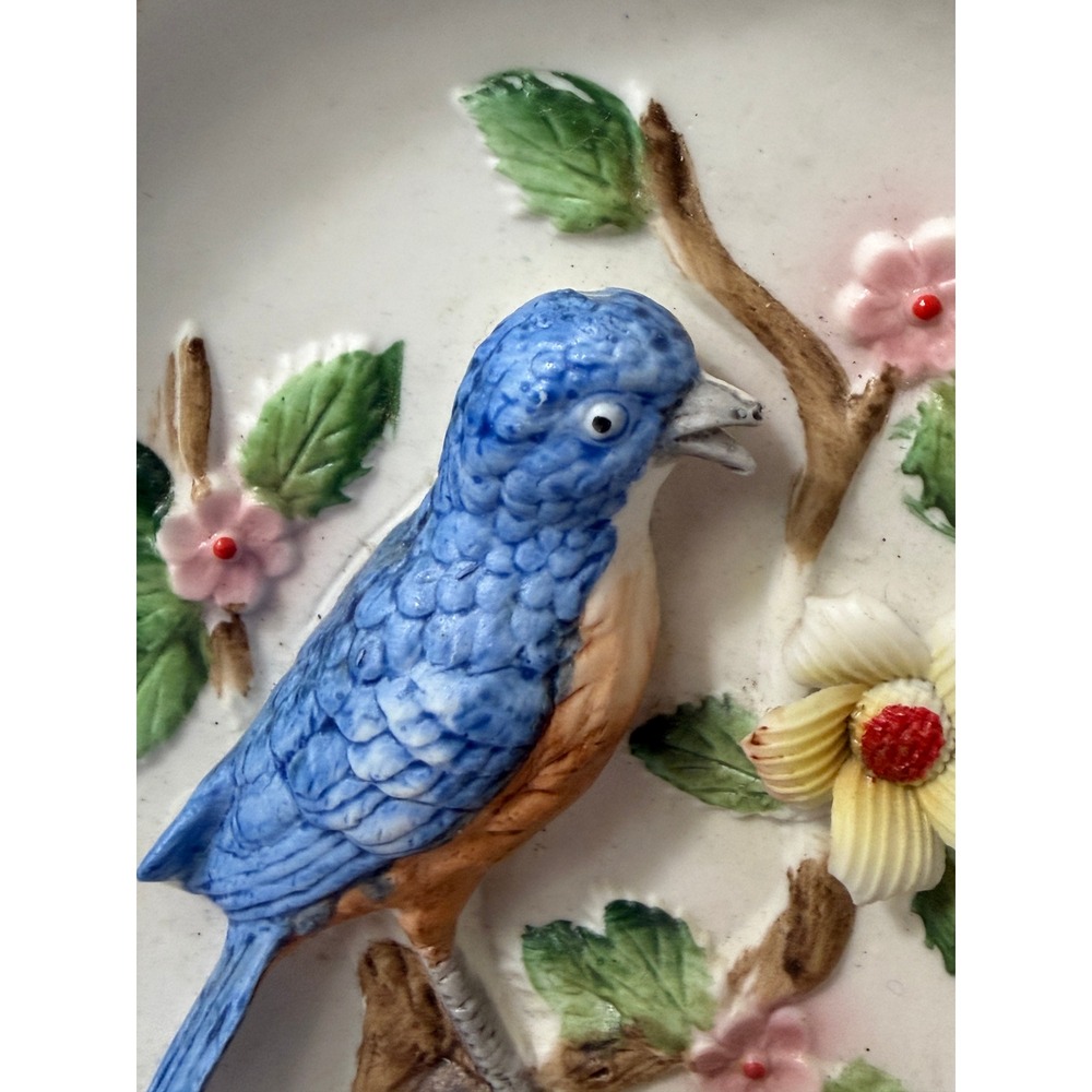 Vintage HOMCO Porcelain Bird Decor Wall Plaque Blue Floral 3D Relief - Picture 2 of 11